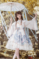 Chinesischer Stil Lange Ärmel Landschaftsmalerei Druck Bowknot Süßes Elegantes Lolita Kleid 2 Farben